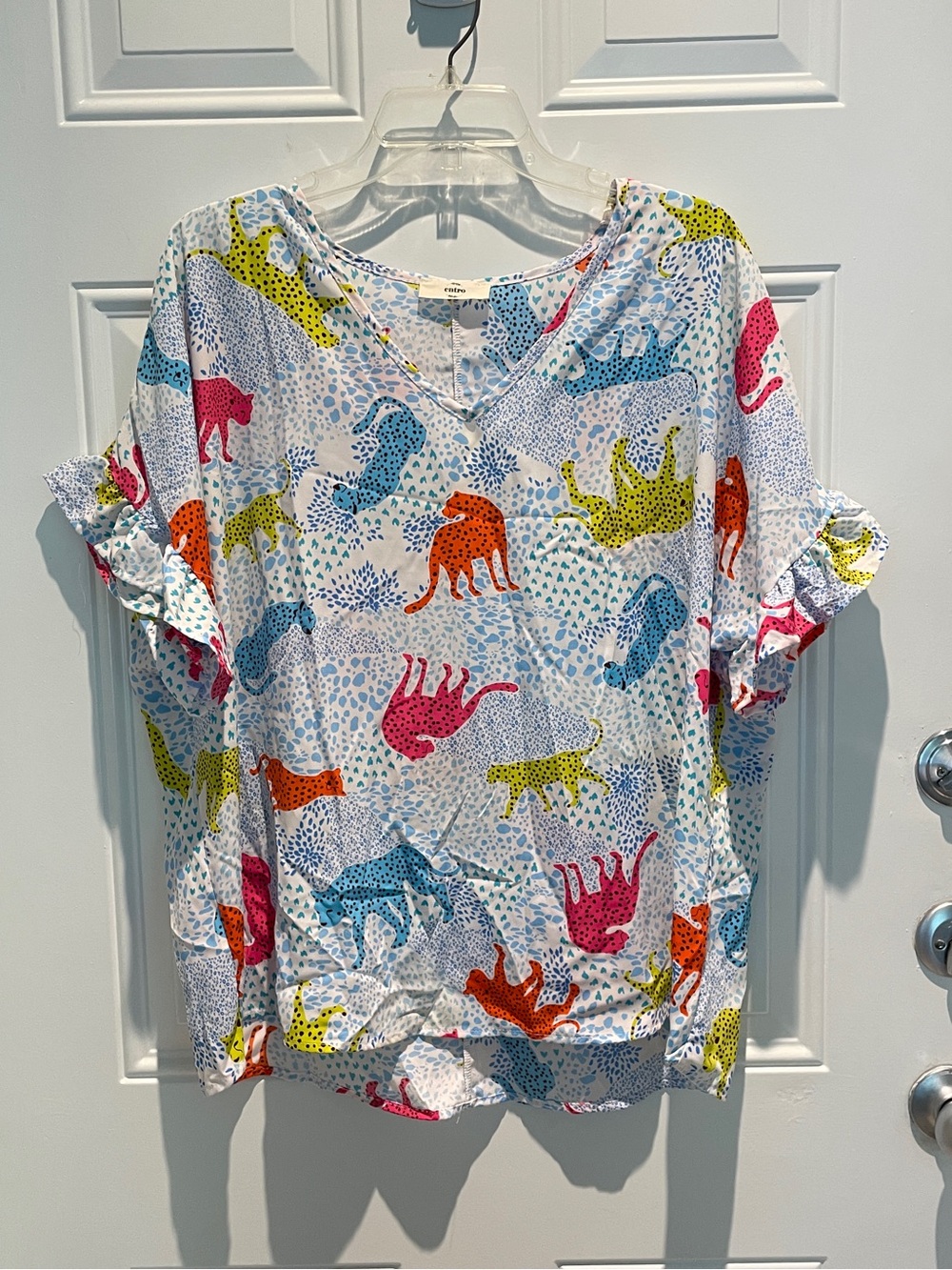 Entro Multicolor Leopard Animal Print Ruffle Short Sleeve Top - Large, XL, & 1X